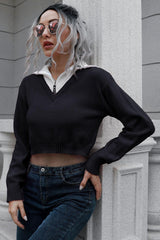 Contrast Collared Cropped Sweater - Trendsi