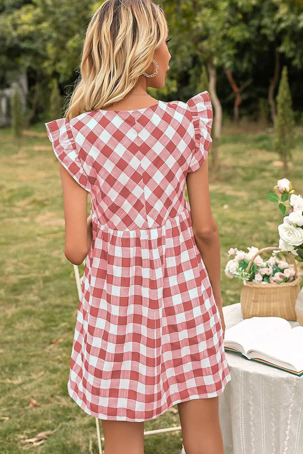 Plaid Butterfly Sleeve Deep V Dress - Trendsi - Flyclothing LLC