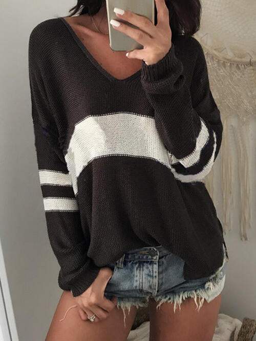 Striped V-Neck Long Sleeve Sweater - Trendsi - Flyclothing LLC