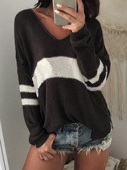 Striped V-Neck Long Sleeve Sweater - Flyclothing LLC
