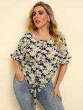 Plus Size Floral Round Neck Tie Hem Blouse - Trendsi