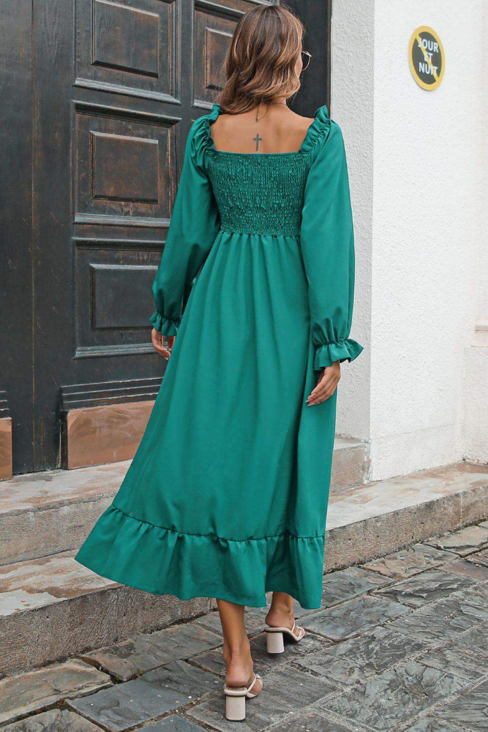 Smocked Ruffle Hem Flounce Sleeve Dress - Trendsi - Flyclothing LLC