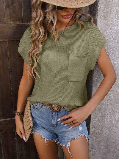 Pocketed Round Neck Cap Sleeve Sweater - Trendsi - Flyclothing LLC
