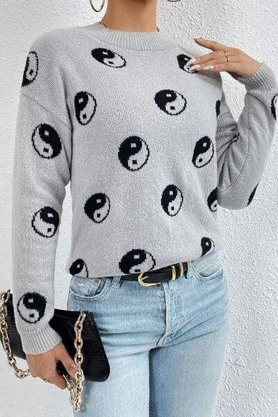 Graphic Mock Neck Dropped Shoulder Sweater - Trendsi - Flyclothing LLC