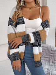 Openwork Striped Open Front Cardigan - Trendsi