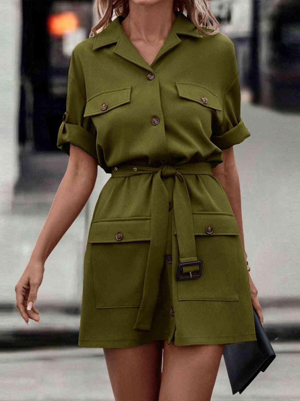 Tie Waist Collared Dress - Trendsi
