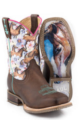 Tin Haul LITTLE GIRLS CHESTNUT AND DAISY WITH MY BEST FRIEND SOLE LEATHER BURNISHED DARK BROWN VAMP WITH HORSES AND FLOWERS PRINTED UPPER - Tin Haul - Flyclothing LLC
