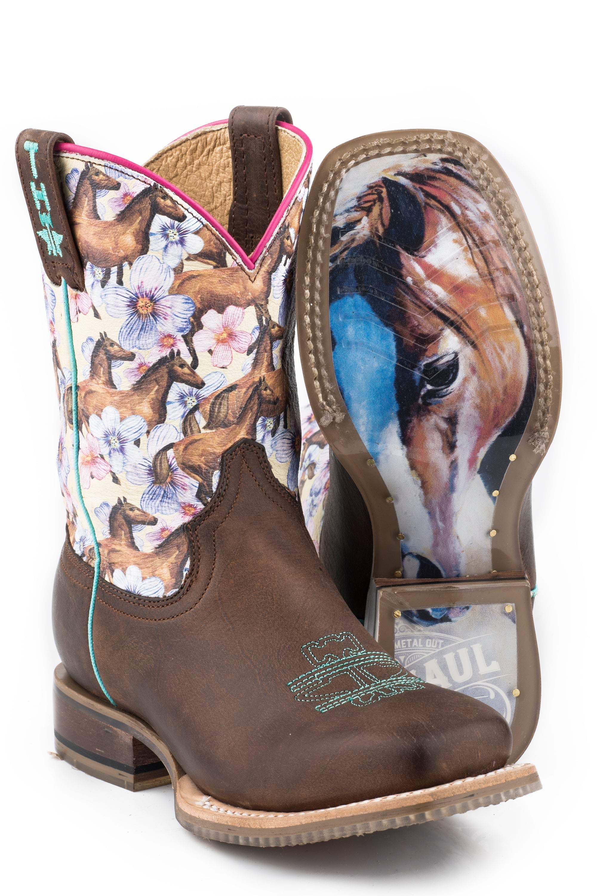 Tin Haul LITTLE GIRLS CHESTNUT AND DAISY WITH MY BEST FRIEND SOLE LEATHER BURNISHED DARK BROWN VAMP WITH HORSES AND FLOWERS PRINTED UPPER - Tin Haul - Flyclothing LLC