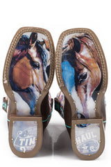 Tin Haul LITTLE GIRLS CHESTNUT AND DAISY WITH MY BEST FRIEND SOLE LEATHER BURNISHED DARK BROWN VAMP WITH HORSES AND FLOWERS PRINTED UPPER - Tin Haul - Flyclothing LLC