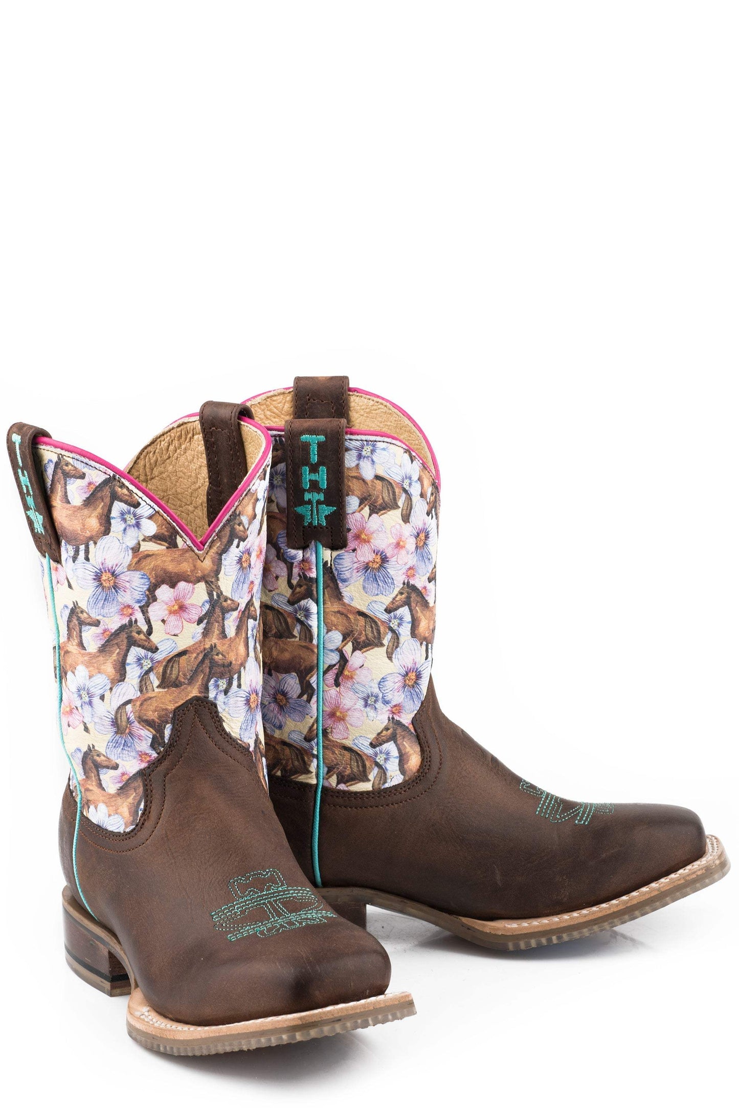Tin Haul LITTLE GIRLS CHESTNUT AND DAISY WITH MY BEST FRIEND SOLE LEATHER BURNISHED DARK BROWN VAMP WITH HORSES AND FLOWERS PRINTED UPPER - Tin Haul - Flyclothing LLC