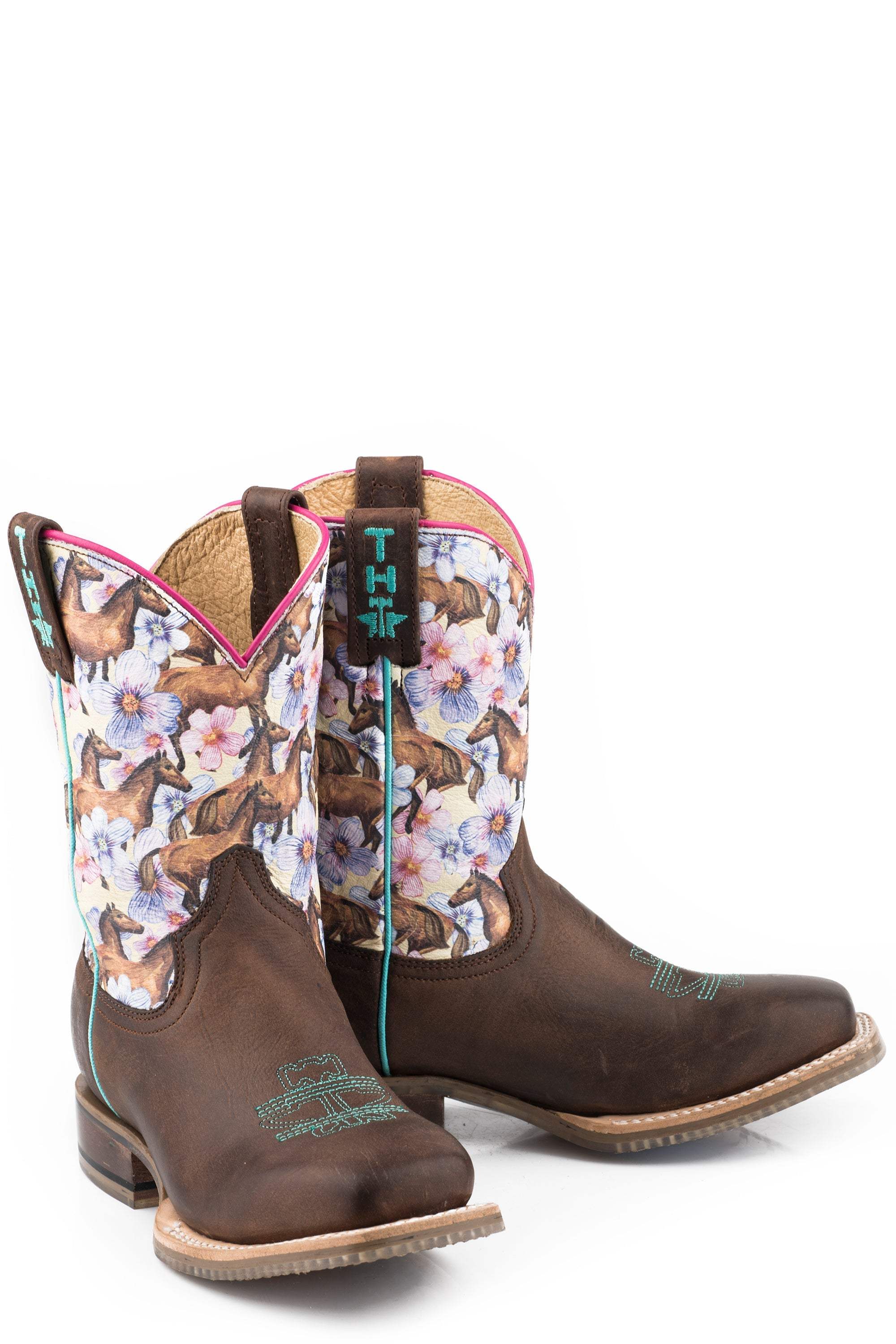 Tin Haul LITTLE GIRLS CHESTNUT AND DAISY WITH MY BEST FRIEND SOLE LEATHER BURNISHED DARK BROWN VAMP WITH HORSES AND FLOWERS PRINTED UPPER - Tin Haul - Flyclothing LLC