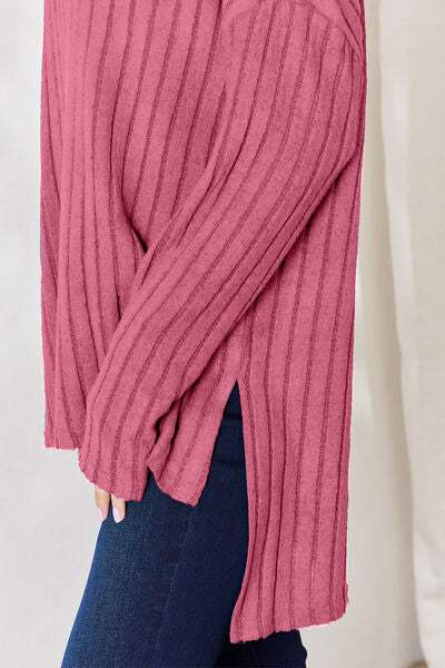 Basic Bae Full Size Ribbed Half Button Long Sleeve High-Low T-Shirt - Trendsi - Flyclothing LLC