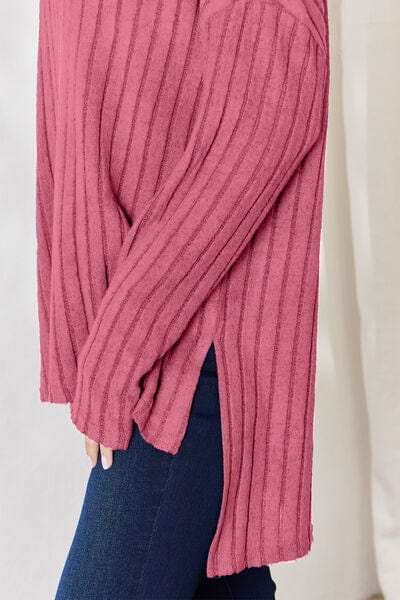 Basic Bae Full Size Ribbed Half Button Long Sleeve High-Low T-Shirt - Trendsi - Flyclothing LLC