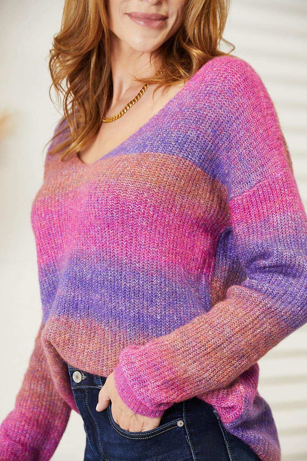 Double Take Multicolored Rib-Knit V-Neck Knit Pullover - Trendsi - Flyclothing LLC
