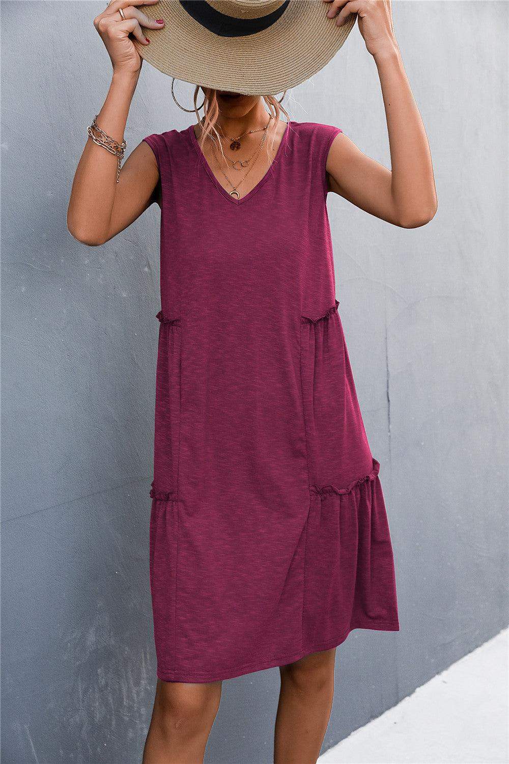V-Neck Frill Trim Sleeveless Dress - Trendsi - Flyclothing LLC
