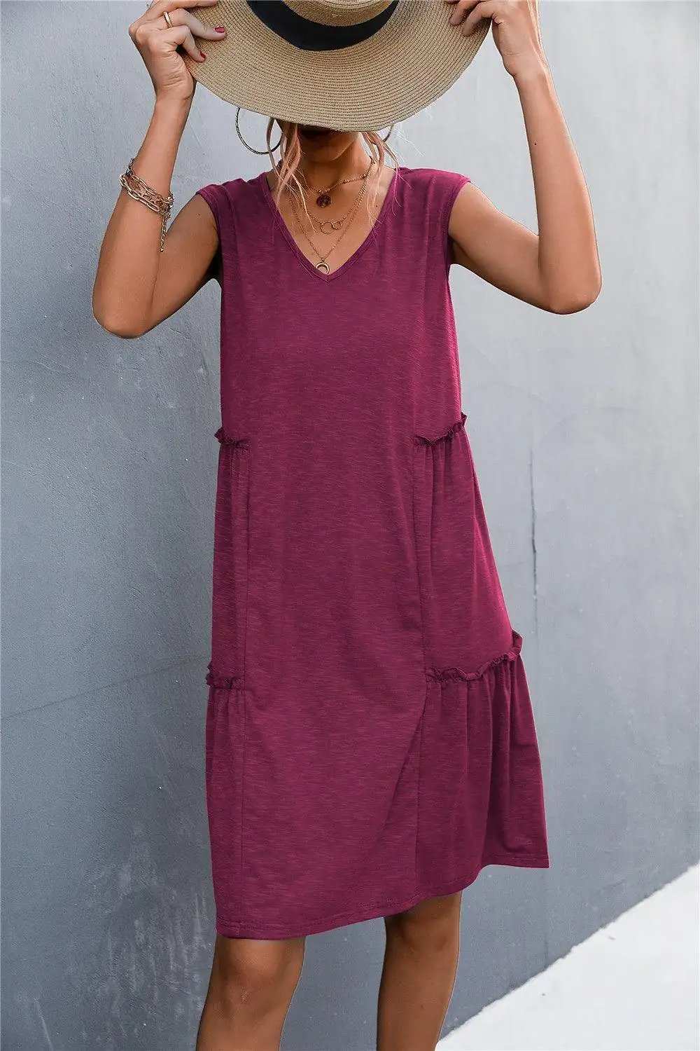 V-Neck Frill Trim Sleeveless Dress - Trendsi - Flyclothing LLC