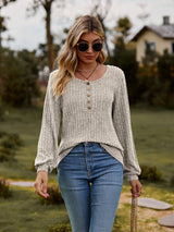 Round Neck Button-Down Long Sleeve Tee - Trendsi - Flyclothing LLC