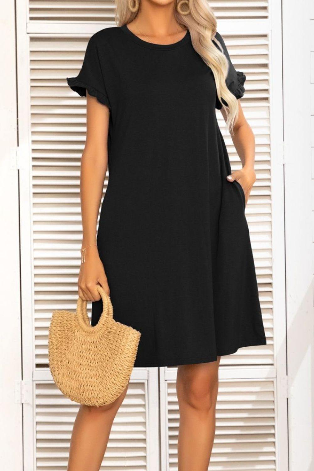 Flounce Sleeve Round Neck Dress with Pockets - Trendsi