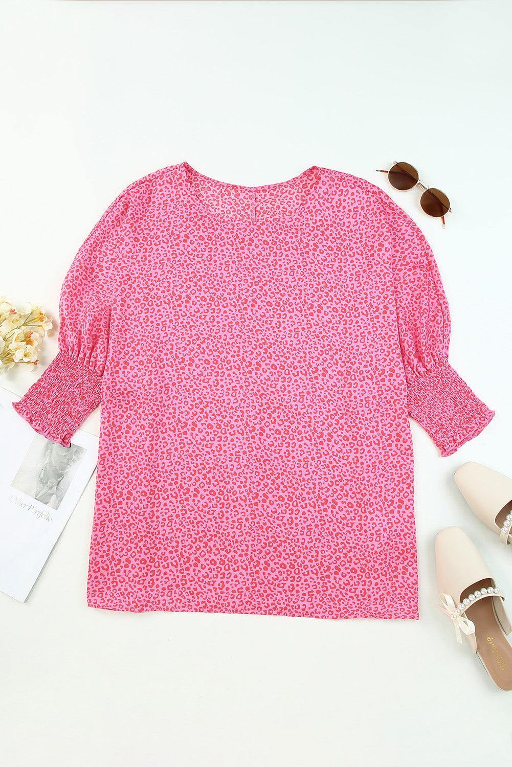 Leopard Smocked Flounce Sleeve Blouse - Trendsi