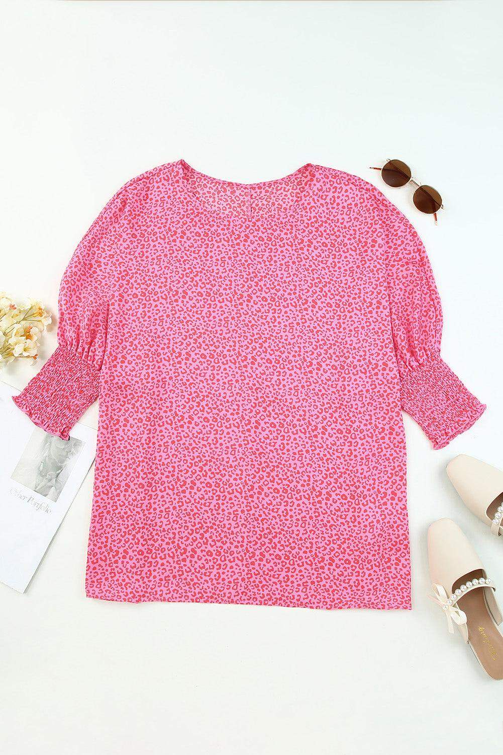 Leopard Smocked Flounce Sleeve Blouse - Trendsi - Flyclothing LLC