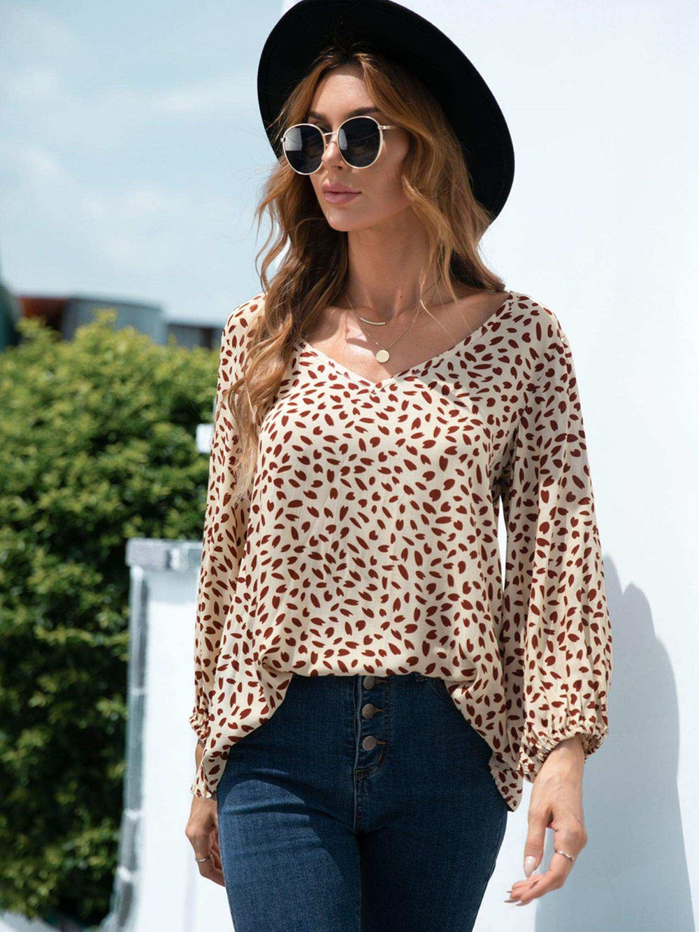 Printed V-Neck Balloon Sleeve Blouse - Trendsi - Flyclothing LLC