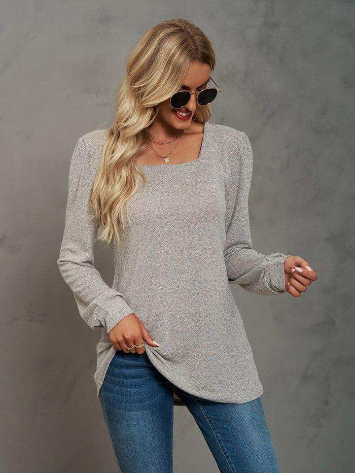 Heathered Square Neck Long Sleeve T-Shirt - Trendsi - Flyclothing LLC