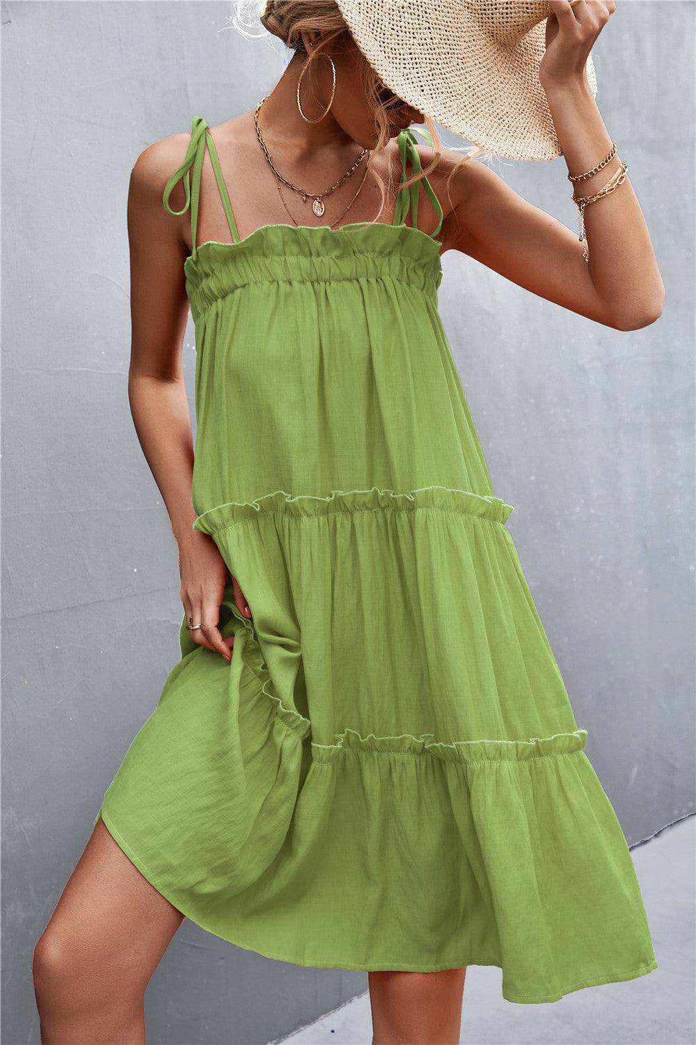 Tie-Shoulder Frill Trim Sleeveless Dress - Trendsi - Flyclothing LLC