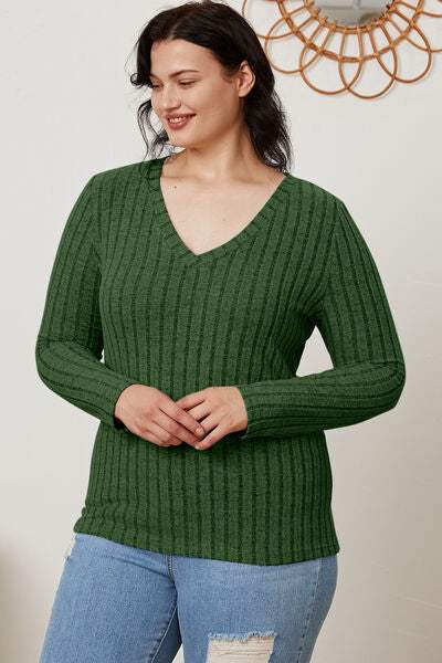 Basic Bae Full Size Ribbed V-Neck Long Sleeve T-Shirt - Trendsi - Flyclothing LLC