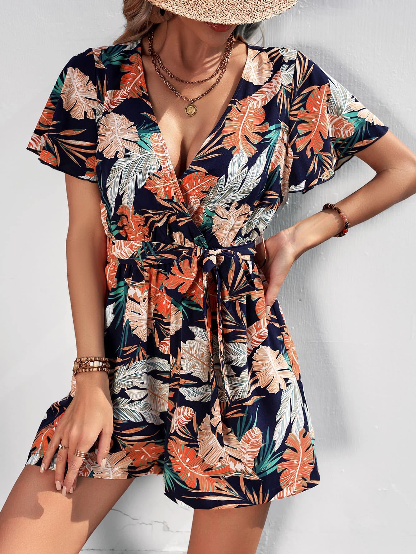 Botanical Print Surplice Neck Tie Waist Romper - Trendsi