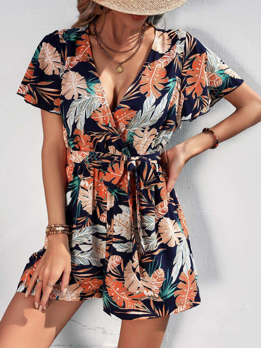 Botanical Print Surplice Neck Tie Waist Romper - Trendsi - Flyclothing LLC