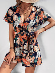 Botanical Print Surplice Neck Tie Waist Romper - Trendsi