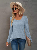 Heathered Square Neck Long Sleeve T-Shirt - Trendsi - Flyclothing LLC