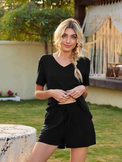 V-Neck Short Sleeve Top and Pocketed Shorts Lounge Set - Trendsi - Flyclothing LLC