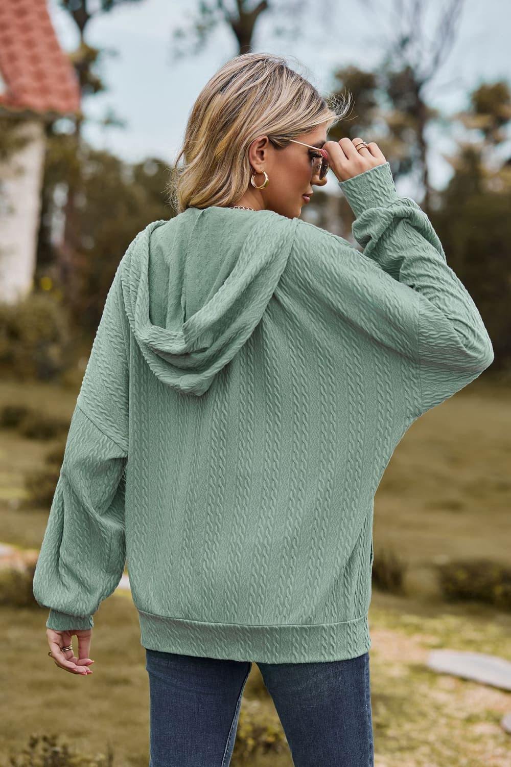 Cable-Knit Long Sleeve Hooded Jacket - Trendsi