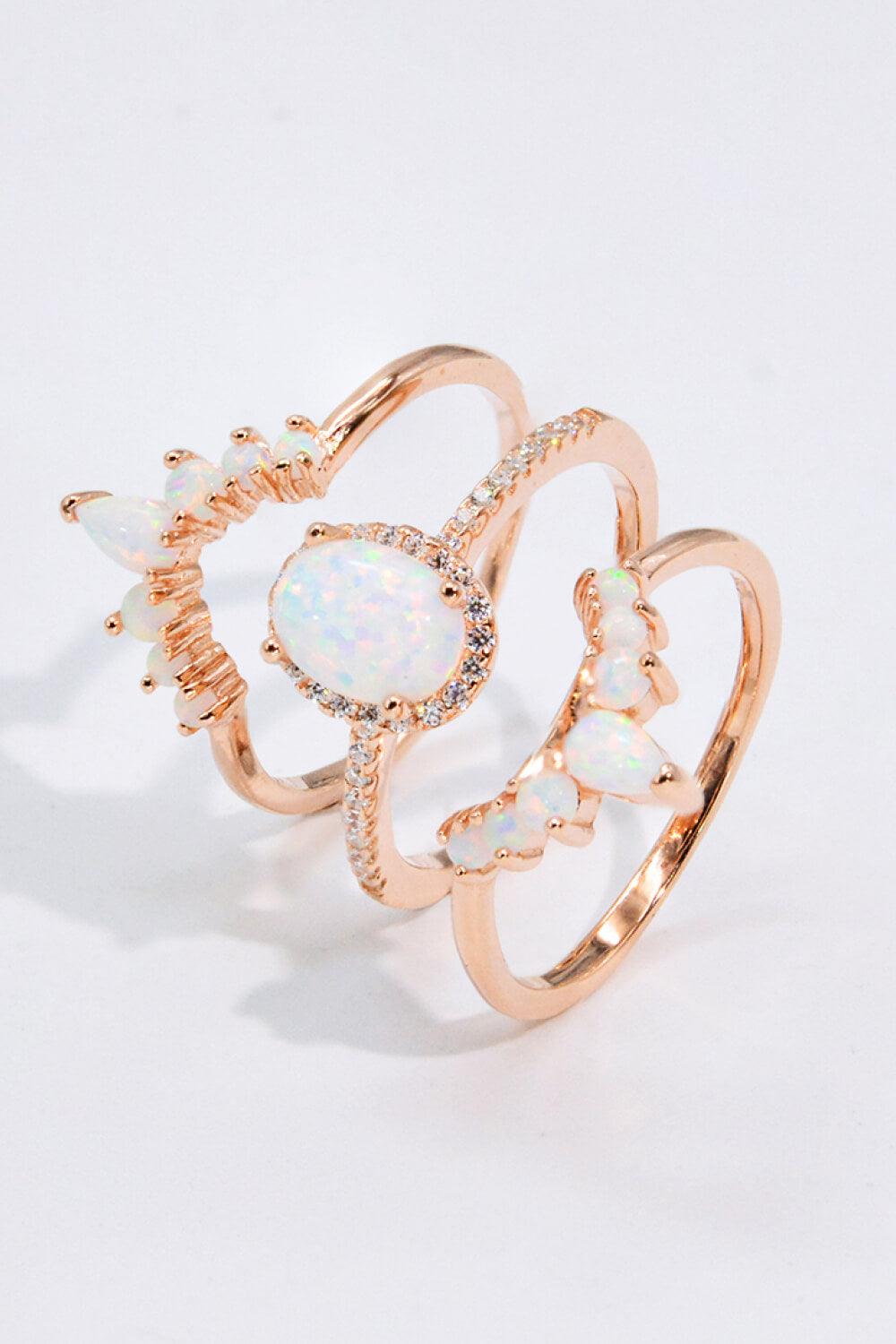 Opal and Zircon Three-Piece Ring Set - Flyclothing LLC
