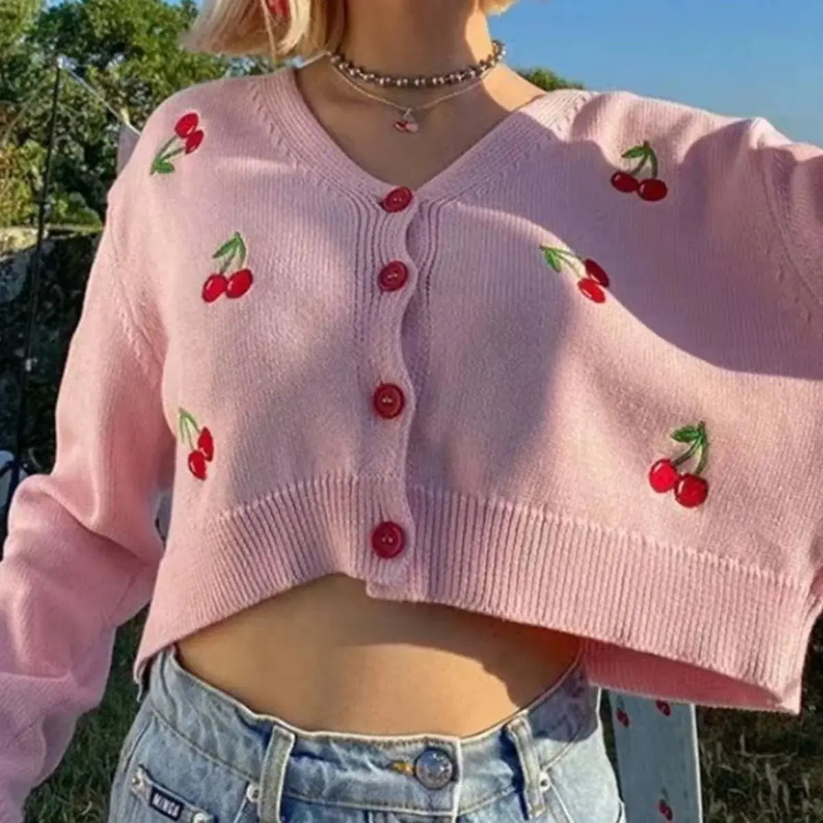 Cherry Button Down Cardigan - Trendsi - Flyclothing LLC