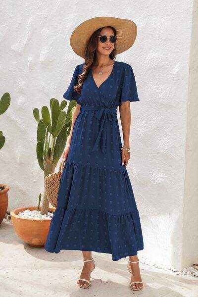 Swiss Dot Tied Surplice Short Sleeve Dress - Trendsi - Flyclothing LLC