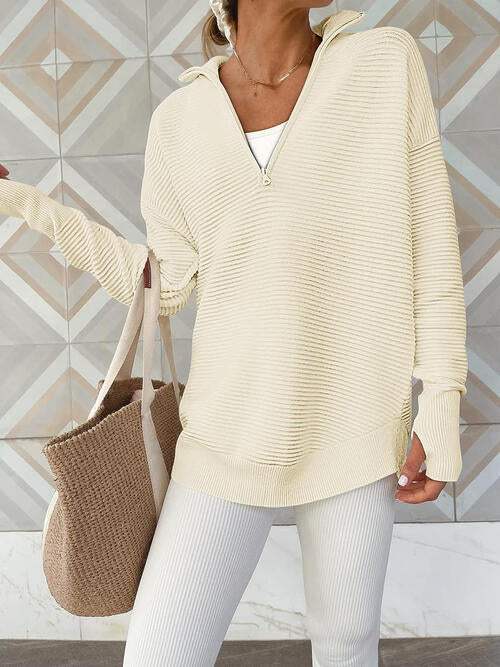 Half Zip Long Sleeve Knit Top - Trendsi - Flyclothing LLC