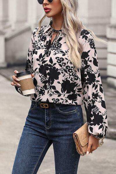 Printed Tie Neck Balloon Sleeve Blouse - Trendsi - Flyclothing LLC