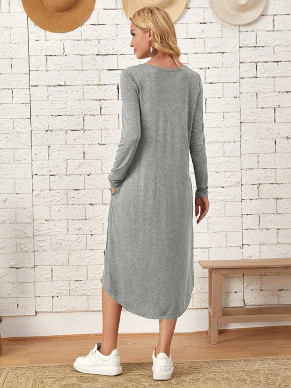 Pocketed Round Neck Long Sleeve Tee Dress - Trendsi - Flyclothing LLC