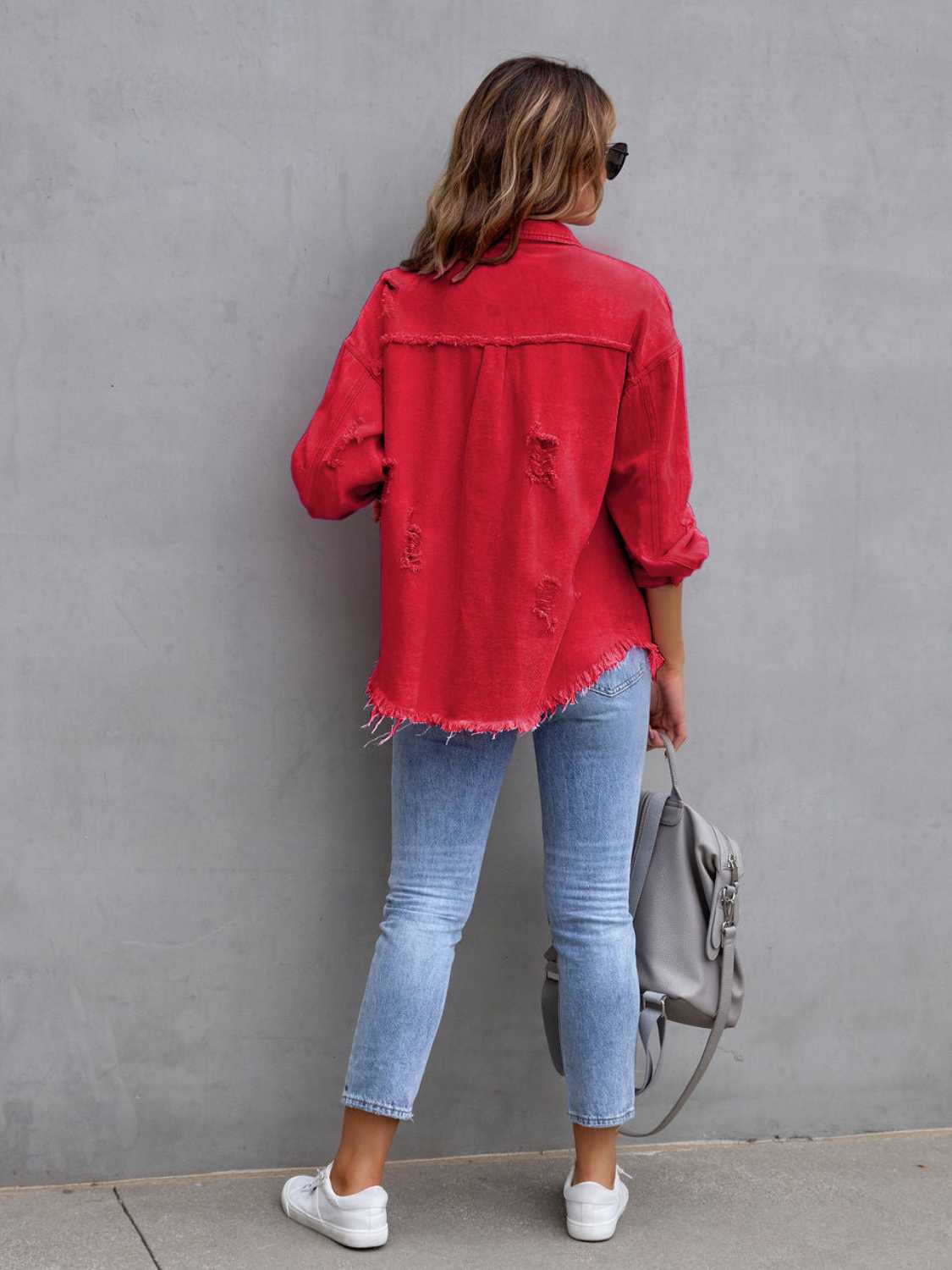 Distressed Drop Shoulder Denim Jacket - Trendsi - Flyclothing LLC