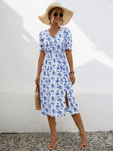 Slit Printed V-Neck Short Sleeve Dress - Trendsi - Flyclothing LLC