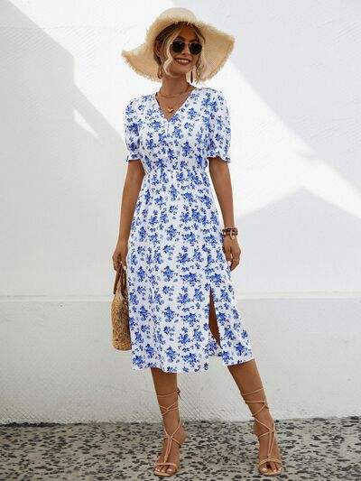 Slit Printed V-Neck Short Sleeve Dress - Trendsi - Flyclothing LLC