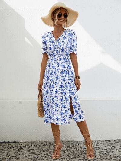 Slit Printed V-Neck Short Sleeve Dress - Trendsi - Flyclothing LLC
