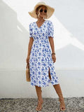 Slit Printed V-Neck Short Sleeve Dress - Trendsi - Flyclothing LLC