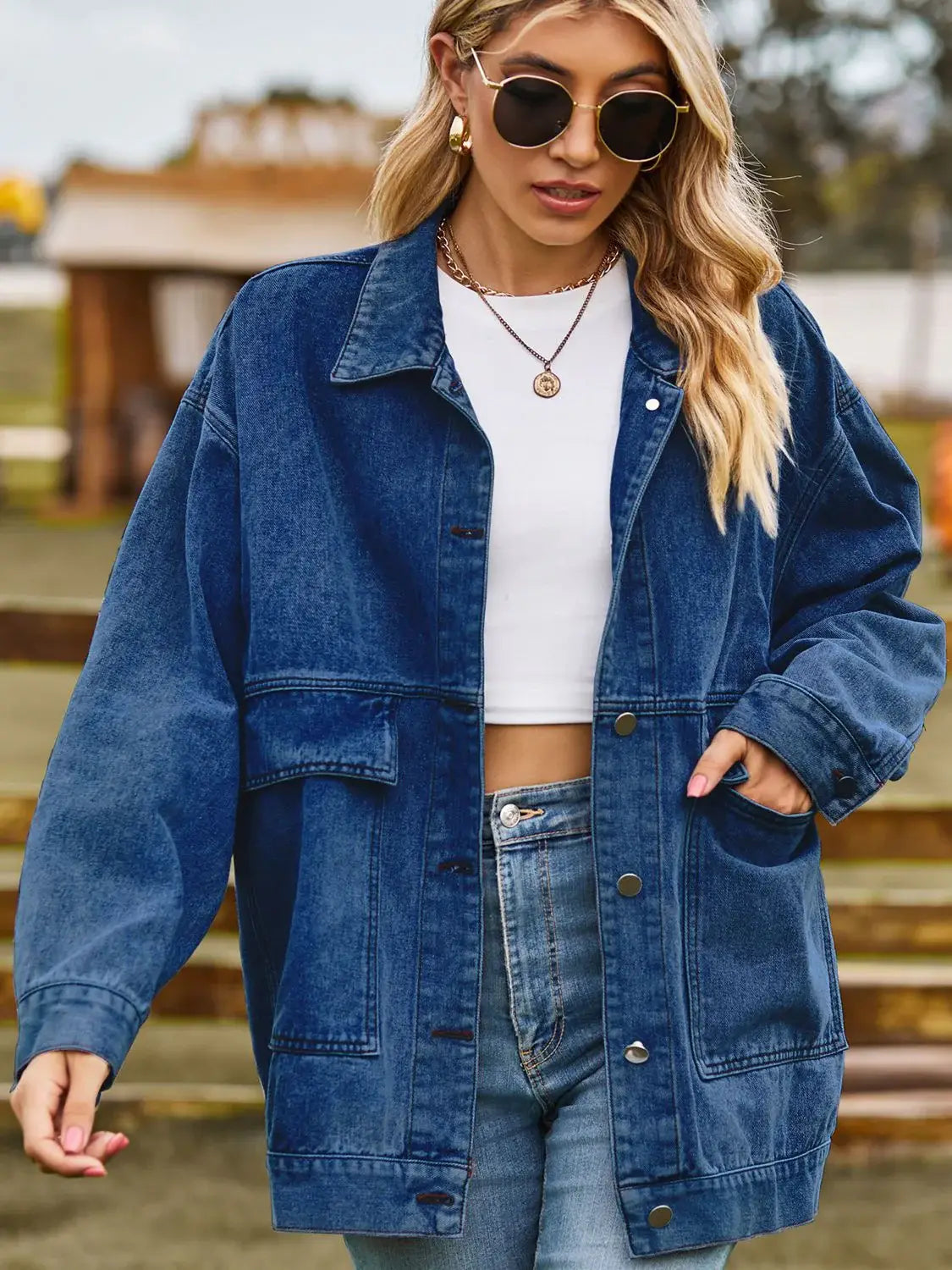 Dropped Shoulder Denim Jacket with Pockets - Trendsi - Flyclothing LLC