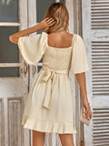 Smocked Tie Back Ruffle Hem Dress - Trendsi