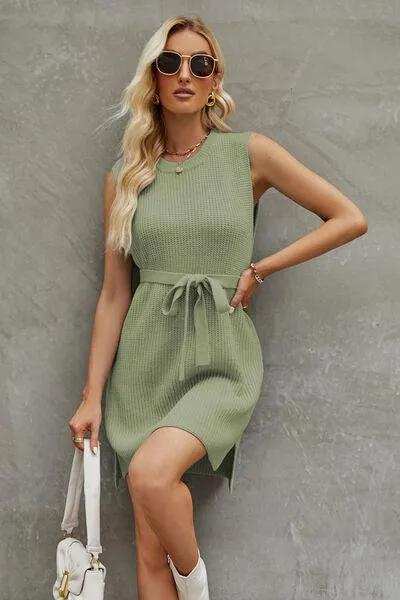 Tied Round Neck Sleeveless Sweater Dress - Trendsi - Flyclothing LLC
