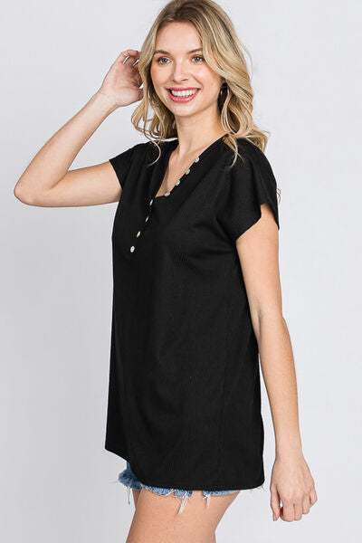 Heimish Full Size Front Button V-Neck Short Sleeve T-Shirt - Trendsi - Flyclothing LLC