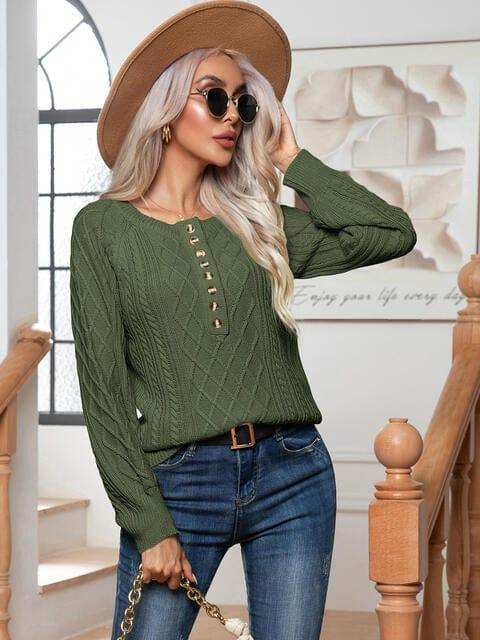 Cable-Knit Round Neck Buttoned Sweater - Trendsi - Flyclothing LLC